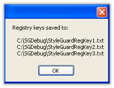 StyleGuard debug dialog showing results of saving registry keys