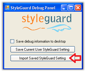 StyleGuard debug dialog showing import settings option
