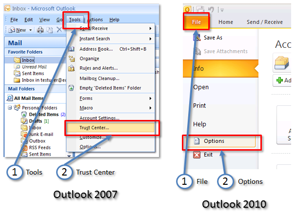 Access to the Outlook 2010 options