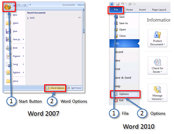Access to the Word 2010 options