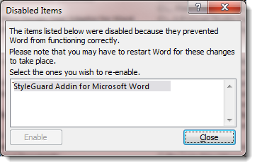 Enable disabled Add-Ins dialog